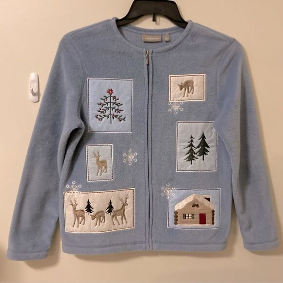Cozy Winter Vibes Croft & Barrow Blue Fleece Christmas Zip-Up Cardigan - Picture 2 of 6